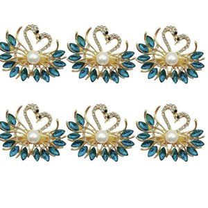 Swan Napkin Rings Set of 6, made out of Golden Metal inlay the blue Rhinestones